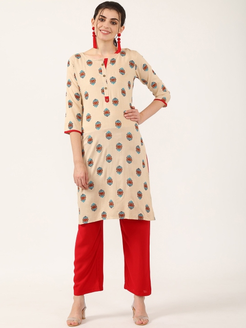

V2 Value & Variety Women Cream-Coloured Ethnic Motifs Printed Kurta with Trousers