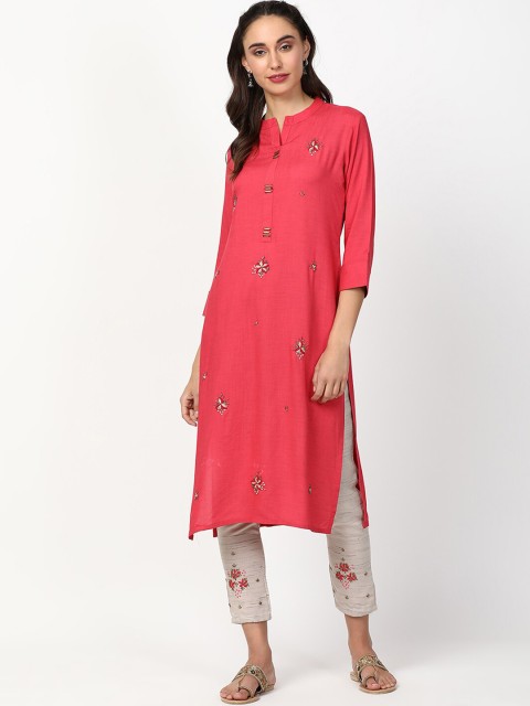 

V2 Value & Variety Women Fuchsia Ethnic Motifs Beads and Stones Detail Kurta with Trousers