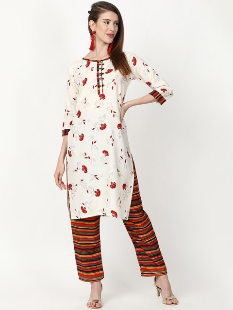

V2 Value & Variety Women Off White & Red Floral Printed Kurta with Trousers