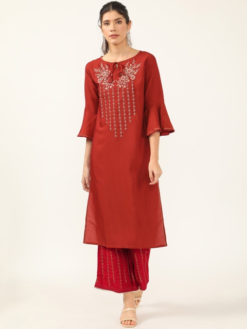 

V2 Value & Variety Women Maroon Ethnic Motifs Yoke Design Thread Work Kurta with Palazzos