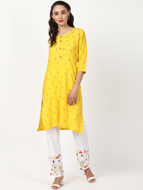 

V2 Value & Variety Women Yellow Ethnic Motifs Embroidered Sequinned Kurta with Trousers