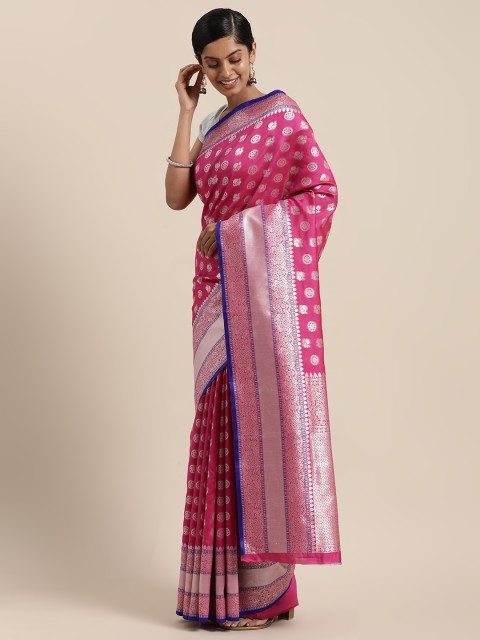 

Sugathari Pink & Blue Woven Design Silk Blend Maheshwari Saree