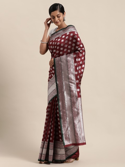 

Sugathari Maroon & Silver-Toned Woven Design Silk Blend Banarasi Saree