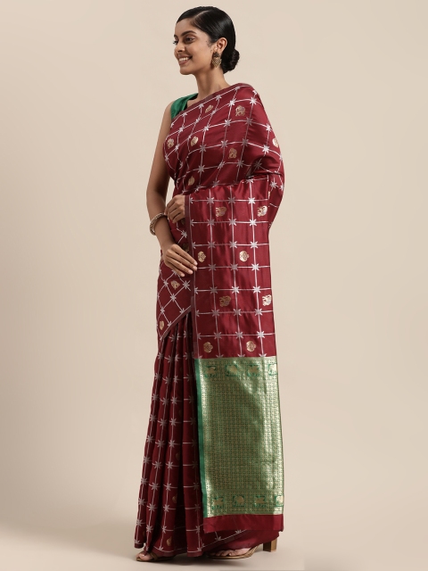

Sugathari Maroon & Green Woven Design Silk Blend Fusion Kanjeevaram Saree