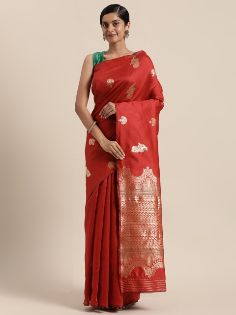 

Sugathari Red Embellished Silk Blend Kanjeevaram Saree