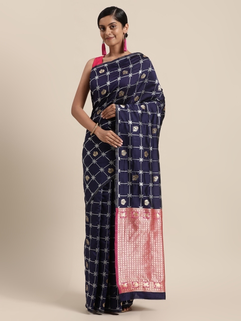 

Sugathari Navy Blue & Pink Woven Design Silk Blend Kanjeevaram Saree