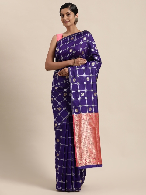 

Sugathari Blue & Pink Woven Design Silk Blend Kanjeevaram Saree