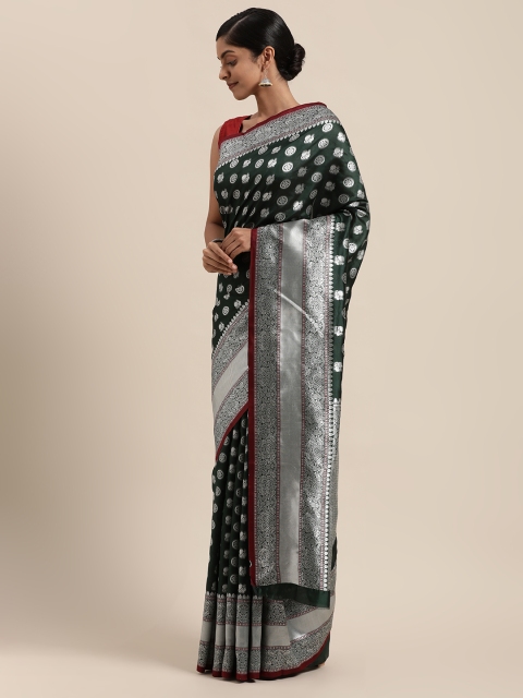 

Sugathari Green & Maroon Woven Design Silk Blend Maheshwari Saree