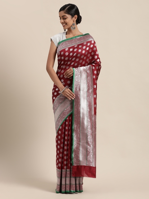 

Sugathari Maroon & Green Woven Design Silk Blend Fusion Maheshwari Saree
