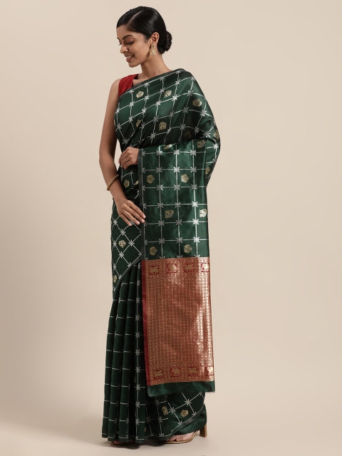 

Sugathari Green & Red Woven Design Silk Blend Kanjeevaram Saree