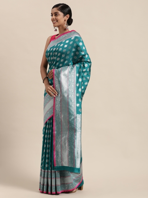 

Sugathari Teal & Pink Woven Design Silk Blend Banarasi Saree