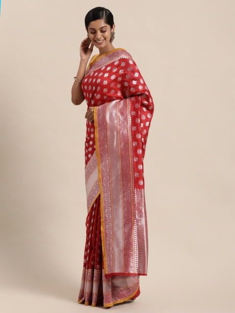 

Sugathari Red & Yellow Woven Design Silk Blend Kanjeevaram Saree