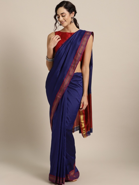 

Mitera Navy Blue & Red Zari Mysore Silk Saree
