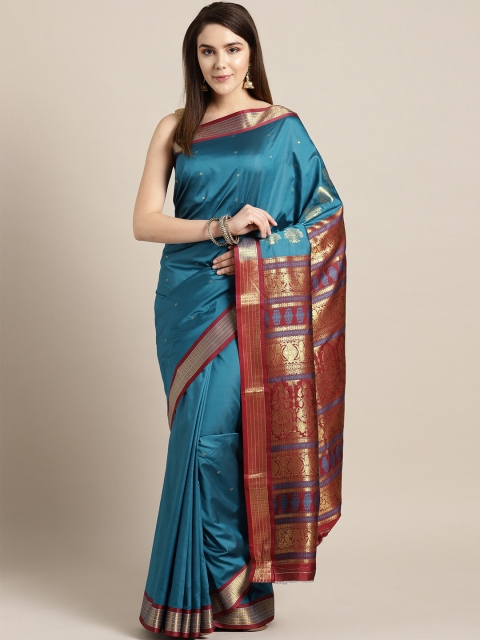 

Mitera Teal Blue & Maroon Woven Design Zari Mysore Silk Saree