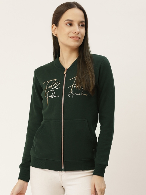 

Monte Carlo Women Green & Off White Typographic Printed Front-Open Sweatshirt