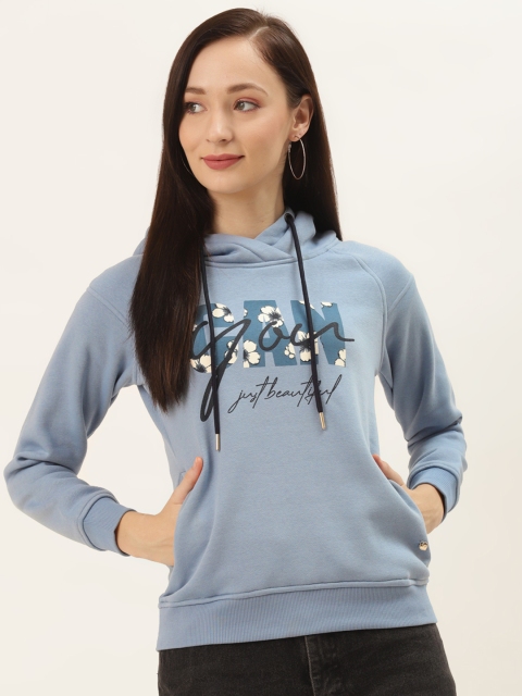 

Monte Carlo Women Blue Printed Hooded Sweatshirt