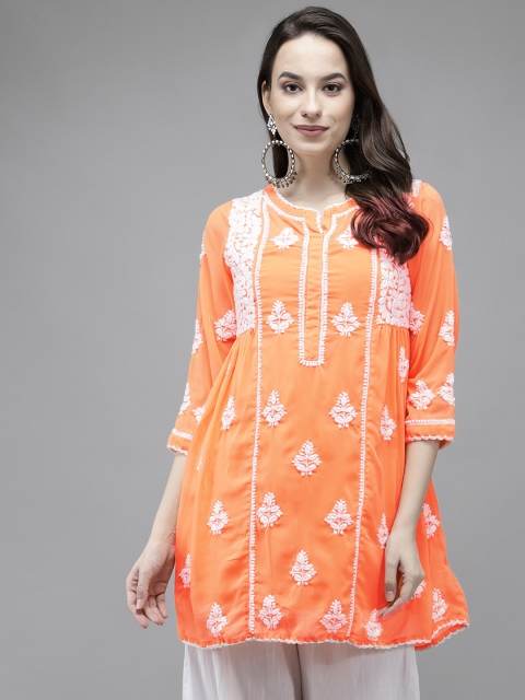 

ADA Orange Ethnic Motifs Woven Design Pure Georgette Chikankari Kurti with Matching Slip