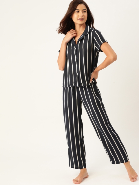 

ETC Women Navy Blue & White Striped Pyjamas Set