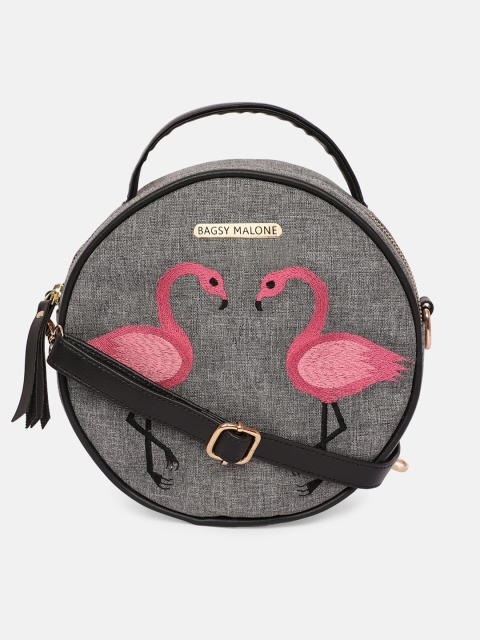 

Bagsy Malone Grey Flamingo Embroidered Structured Sling Bag