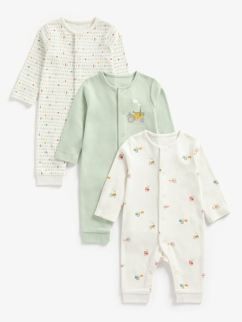 

mothercare Infant Boys Pack of 3 Printed Pure Cotton Sleepsuits, Off white