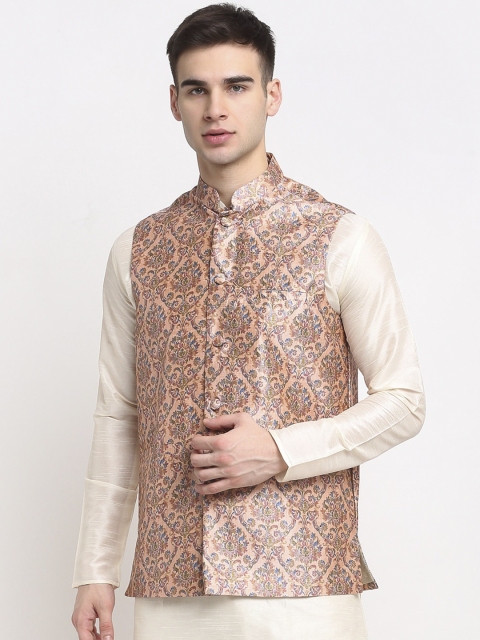

Jompers Men Peach-Coloured & Blue Digital Printed Satin Nehru Jacket