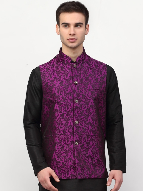 

Jompers Men Purple & Black Woven-Design Nehru Jacket
