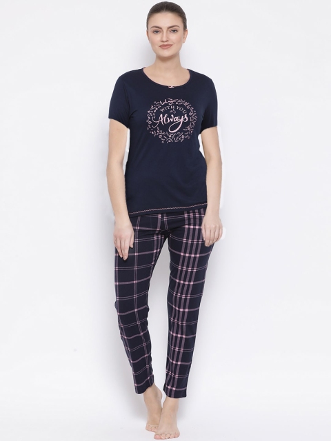 

Kanvin Women Navy Blue & Pink Pure Cotton Printed Night Suit