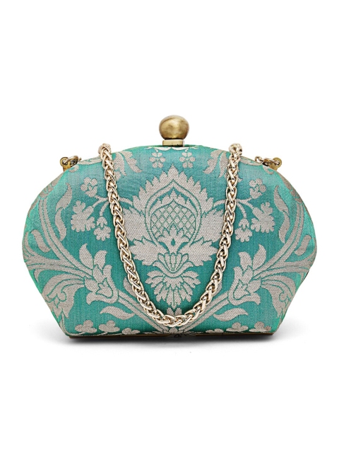 

PRACCESSORII Sea Green & Silver-Toned Embellished Box Clutch