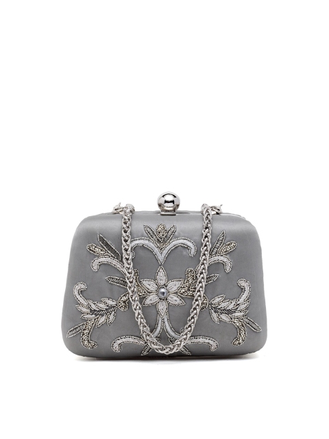 

PRACCESSORII Women Silver Textured Embellished Box Clutch