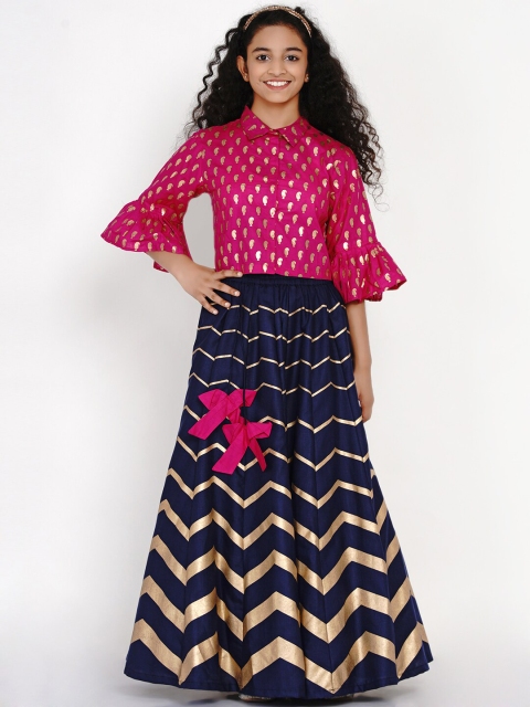 

Bitiya by Bhama Girls Pink & Navy Blue Printed Block Print Ready To Wear Lehenga
