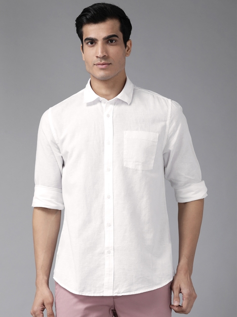 

Blackberrys Men White Solid Cotton Linen Slim Fit Casual Shirt