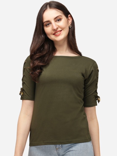 

OM SAI LATEST CREATION Green Roll-Up Sleeves Regular Top