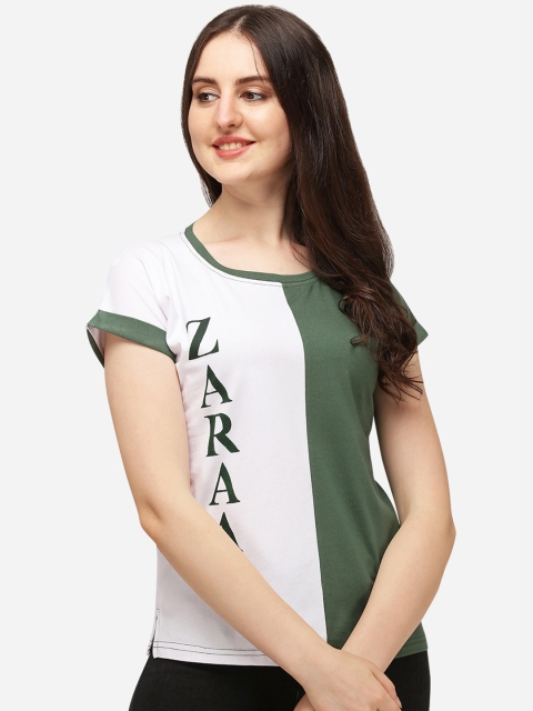 

OM SAI LATEST CREATION Women Green & White Colourblocked Printed Casual Top