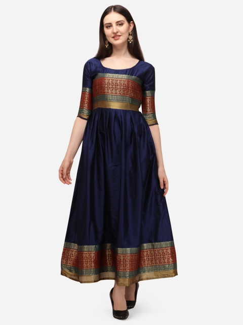 

VENISA Blue & Red Ethnic Motifs Pure Cotton Maxi Dress