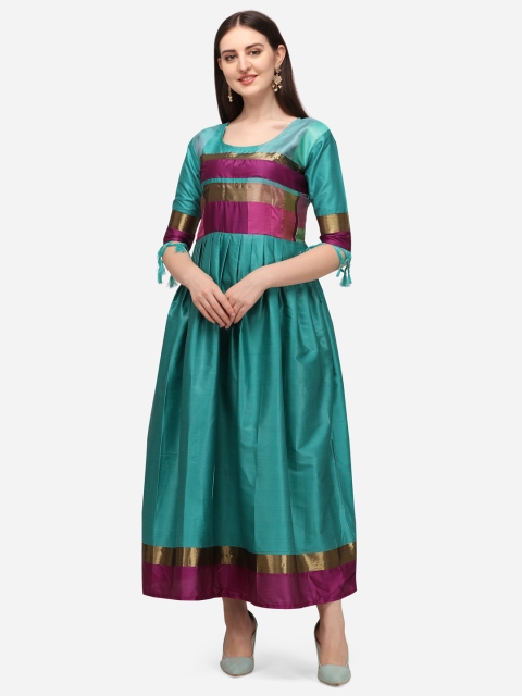 

VENISA Teal & Burgundy Striped Ethnic Pure Cotton Maxi Dress
