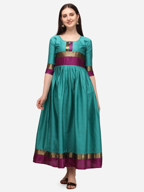 

VENISA Teal & Burgundy Striped Pure Cotton Ethnic Maxi Dress