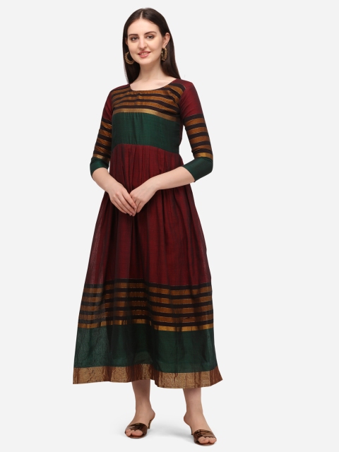 

VENISA Brown Striped Pure Cotton Ethnic Maxi Dress