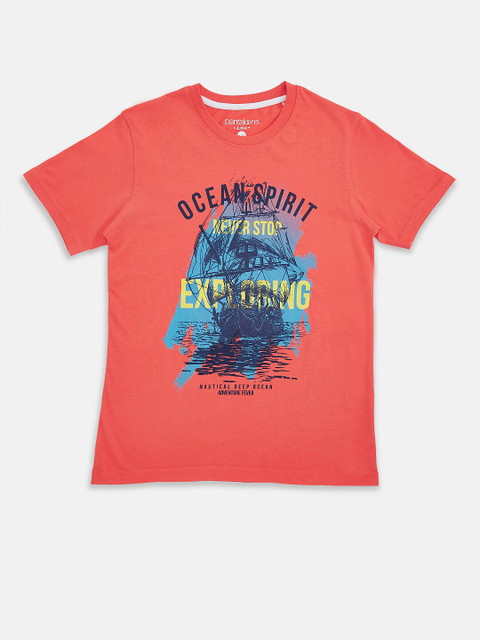 

Pantaloons Junior Boys Coral & Blue Printed T-shirt