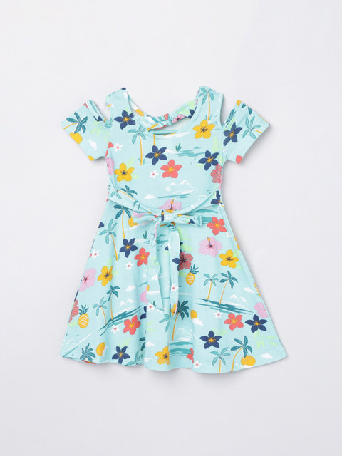 

max Girls Green & Blue Floral Printed Pure Cotton A-Line Dress
