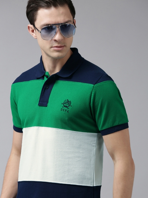 

U S Polo Assn Men Green & White Colourblocked Polo Collar T-shirt