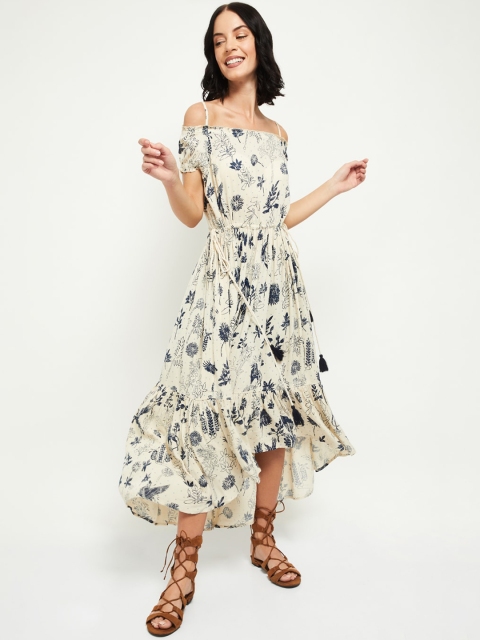 

max Women Blue Floral Off-Shoulder High-Low Midi Dress