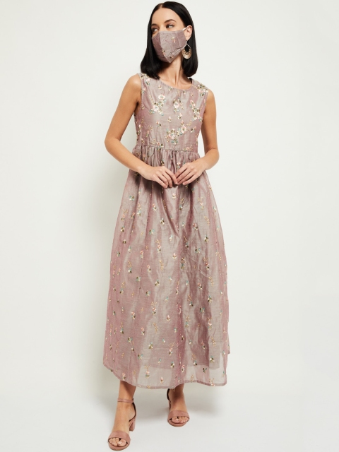 

max Women Pink Floral Embroidered Maxi Dress With Matching Mask