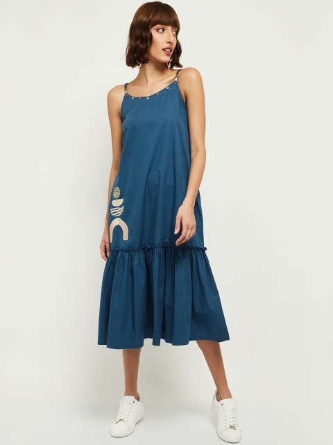 

max Women Blue A-Line Applique Midi Dress