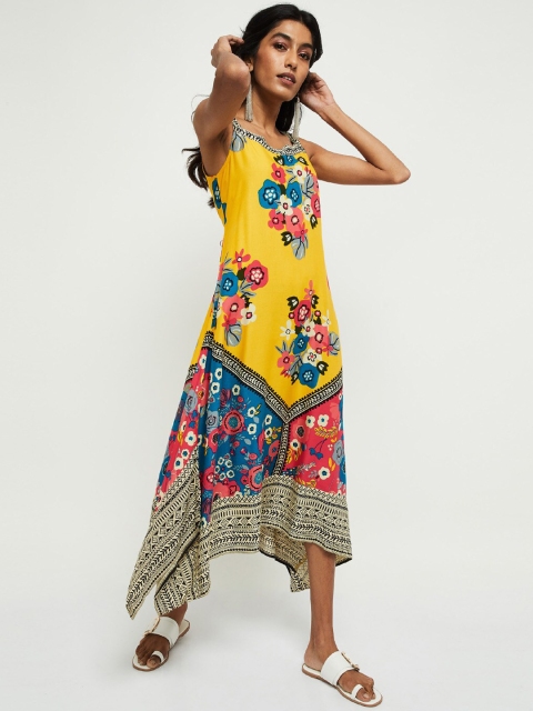 

max Women Yellow & Pink Floral Flared Midi Dress