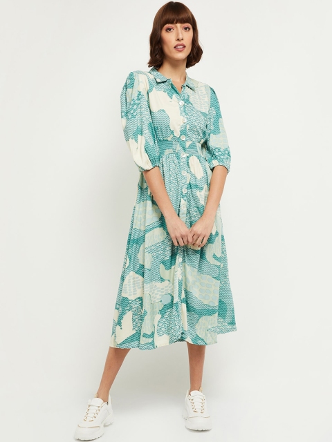 

max Women Blue Abstract Printed Shirt Midi Dress