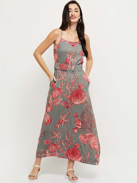 

max Women Grey & Red Printed Fit& Flare Maxi Dress