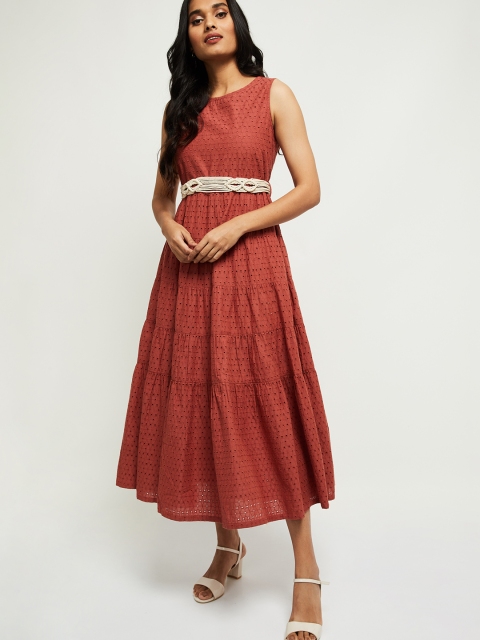 

max Rust Schiffli Embroidered Midi Pure Cotton Fit & Flare Dress