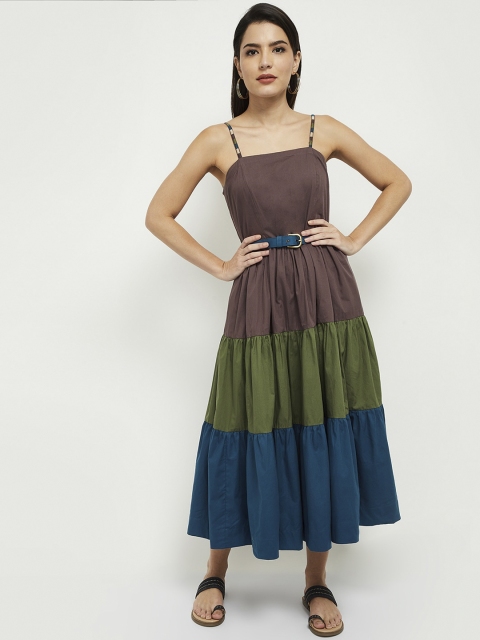 

max Women Brown & Green Colourblocked Tiered Midi Dress