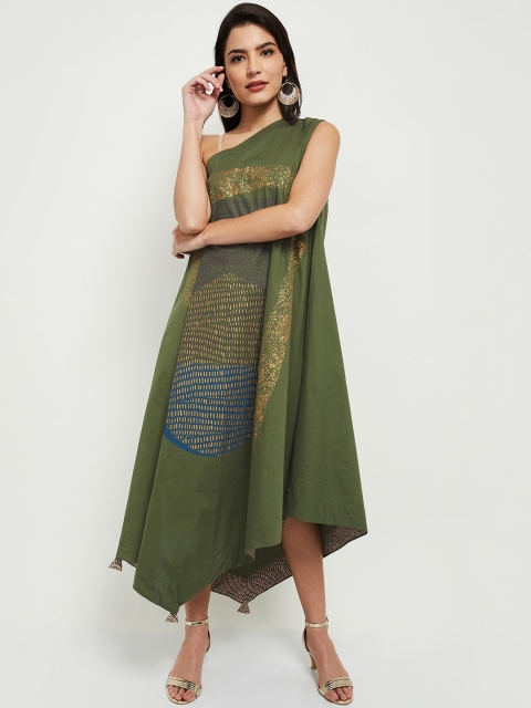 

max Women Green Ethnic Motifs One Shoulder Asymmetric A-Line Midi Dress