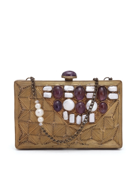 

PRACCESSORII Women Gold & Purple Textured Embellished Box Clutch